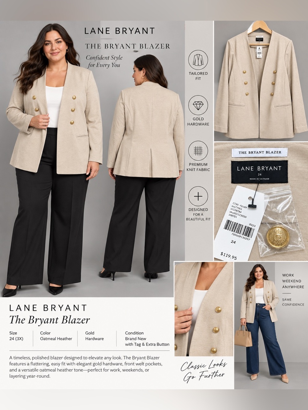 Lane Bryant The Bryant Blazer Oatmeal Heather Gold Buttons Size 24 3X NWT